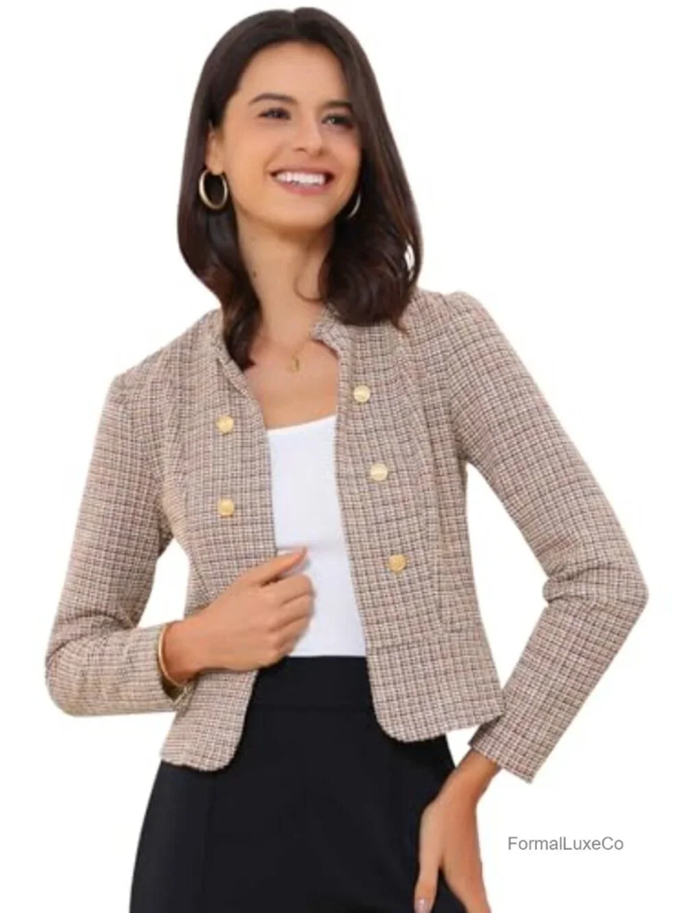 Vintage Tweed Cropped Blazer Stand Collar Open Front Business Casual Pull On
